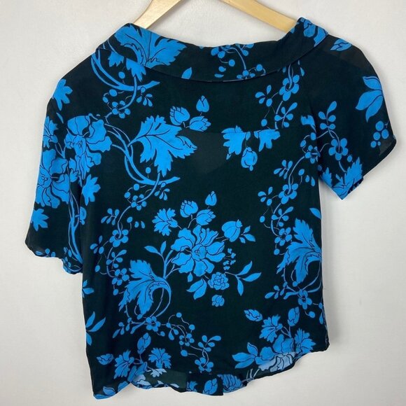 ALC 100% Silk Josephine Blue Floral Print Short Sleeve Top Size 2 Off Shoulder - Picture 8 of 10